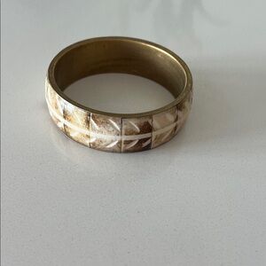 Vintage Carved Bone Inlay Bangle Bracelet - Brown & Cream